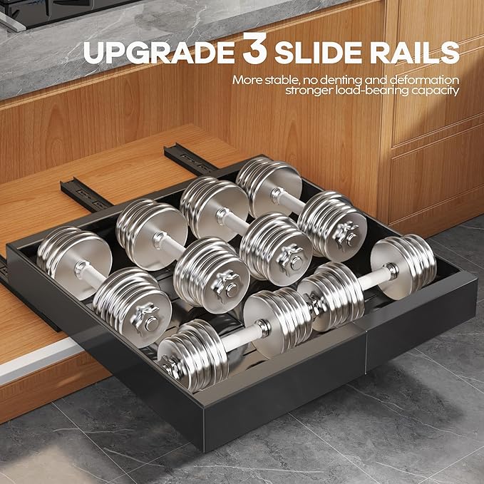 Seinloes 2Pack Expandable Pull Out Cabinet Organizer 21"Deep with Raising Pad for Framed Cabinets, Upgrade 3 Slide Rails Slide Out Drawers, Roll Out Shelves Adhesive,Adjustable Width 12.05"-20.4"Black