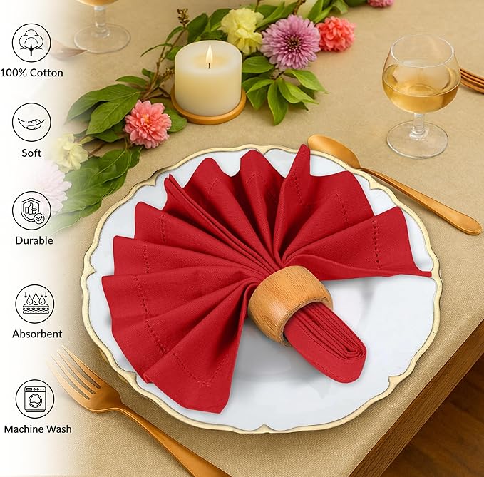 Ruvanti Cloth Napkins Set of 12, 100% Cotton High GSM 18x18 Inches, Hem Stitched Corners, Soft, Washable, Durable & Absorbent, Perfect for Parties, Christmas, Thanksgiving Dinners – Flame Scarlet