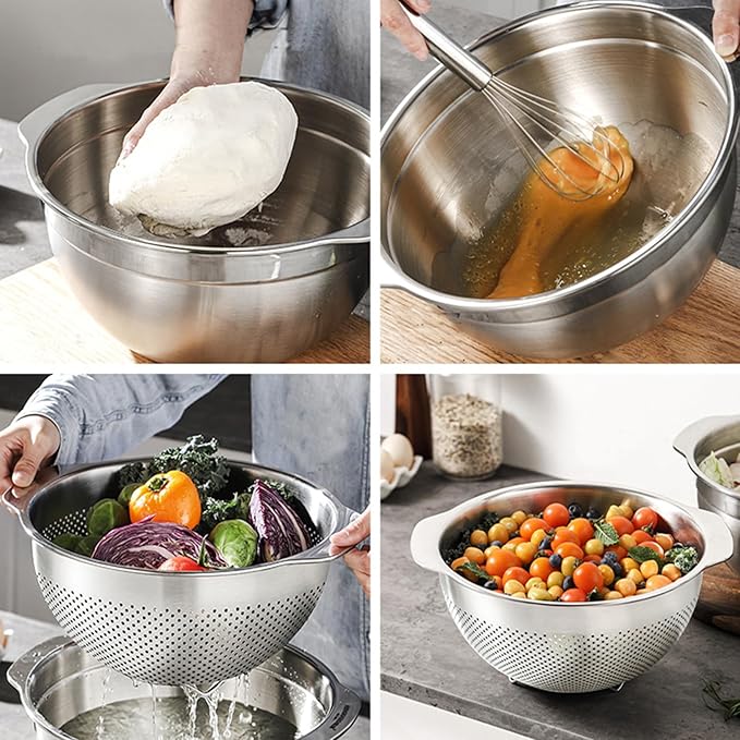 18/8 Stainless Steel Microwell Colander, 5QT Large Capacity with Handle Kitchen Food Strainer5QTColander+5QT Mixing bowl)