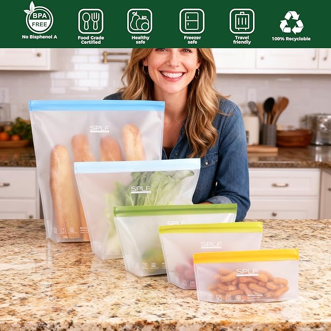 SPLF 6 Pack Stand-Up Reusable Gallon Freezer Bags Dishwasher Safe, Extra Thick 1 Gallon Leakproof Food Storage Bags, BPA and Silicone Free Freezer Bags for Meal Prep, Bread, Veggies, Home Organization