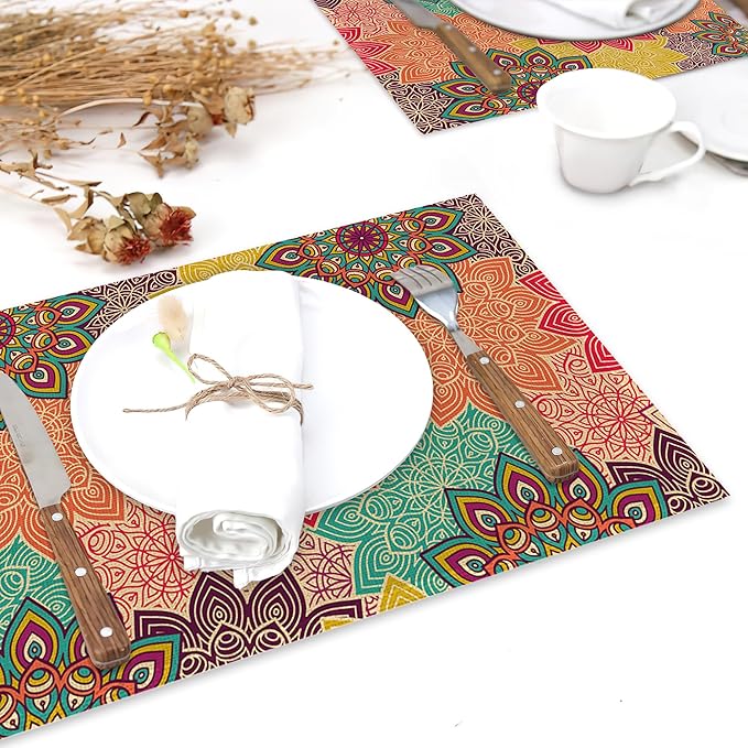Boho Mandela Linen Placemats Set of 6,12x18 Inch Vintage Ethnic Floral Washable Table Mats Heat Resistant Place Mats for Home Party Kitchen Dining Decoration
