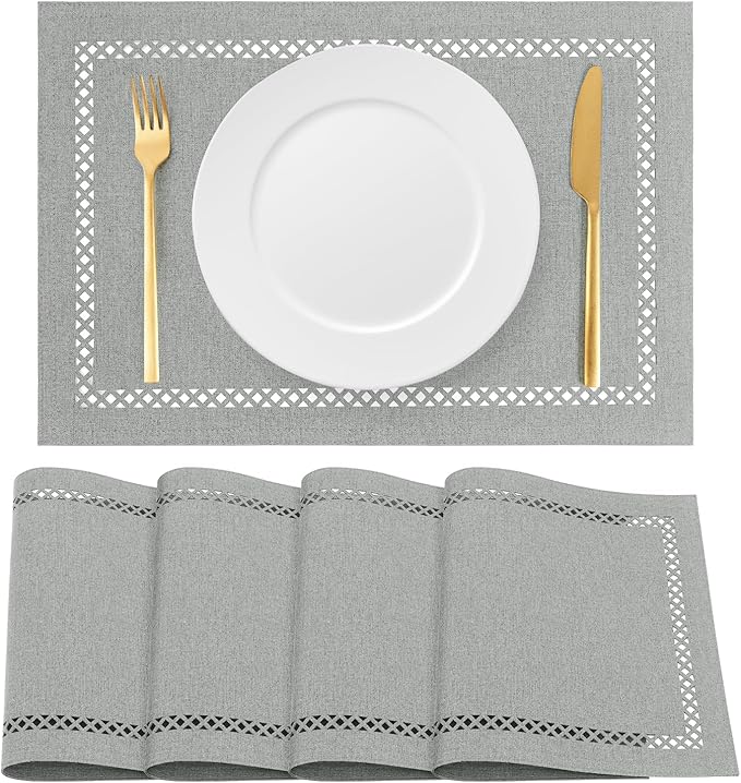 Linen Cloth Placemats Set of 4, HADEEONG 12 x 18 Inch Hollow Edge Place Mats Washable Heat Resistant Placemats Cloth Table Mats for Dining Table Home Decor (Light Grey, 4)