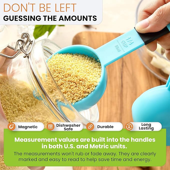 Spring Chef Magnetic Measuring Cups and Spoons Set of 9, Nesting Plastic Kitchen Tool with Easy to Read Markings - Measure Dry or Liquid Ingredient, BPA Free, Aqua Sky