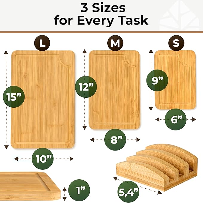 Bamboo Cutting Board Set of 3 - Thick & Durable Wood Cutting Boards with Deep Juice Grooves & Build-in Handles, Large Surface, Easy to Clean – for Meat, Vegetables and Fruits (Set of 3 with Holder)