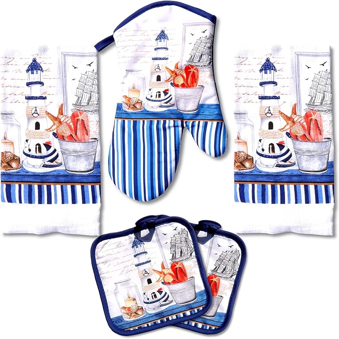 Lobyn Value Packs Nautical Lighthouse 5 Piece Kitchen Towel Set with 2 Decorative Dish Towels (25 X15), 1 Oven Mitt (11 X 7) and 2 Potholders (6.5 X 6.5) Coastal Blue Kitchen Accessories
