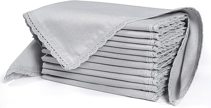 Ramanta Home Linen Flax Cloth Napkins Set of 24 Grey, 18x18 Inch | Easter Premium Cotton Linen Flax Lace Soft & Durable | Washable Ideal for Spring Basket Décor, Wedding, Party, Kitchen, Everyday Use