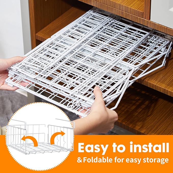 PowerKing Under Shelf Storage Baskets, Foldable Metal Wire Rack Basket, 2 Pack, White