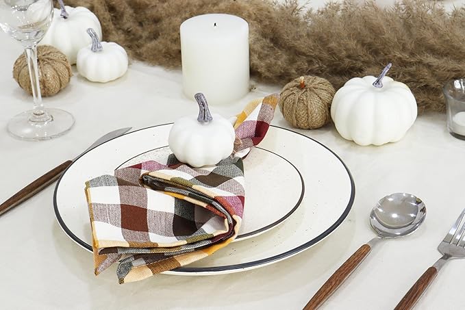 PurpleEssences Buffalo Plaid Cloth Napkins - Mitered Corners - Spring Easter Summer - Gingham Check Dinner Napkin - Set of 12-100% Cotton - 18x18 Inch - Reusable Washable - Harvest