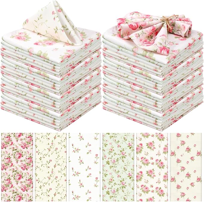 Floral Cloth Napkins 6 Patterns Washable Dinner Tea Party Napkins Reusable Plant Flowers Square Napkin Cotton Towel Decorative for Spring Wildflower Party(Pink Rose,24 Pcs)