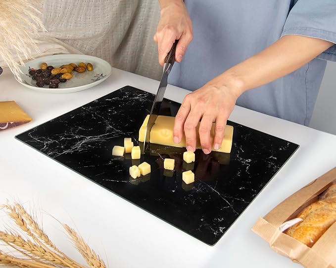 Kitchenville Glass Cutting Board 16"x12": Tempered Glass Kitchen Counter Protector - Durable- Scratch-Resistant, Heat-Proof - Design 1 - Black Marble Effect