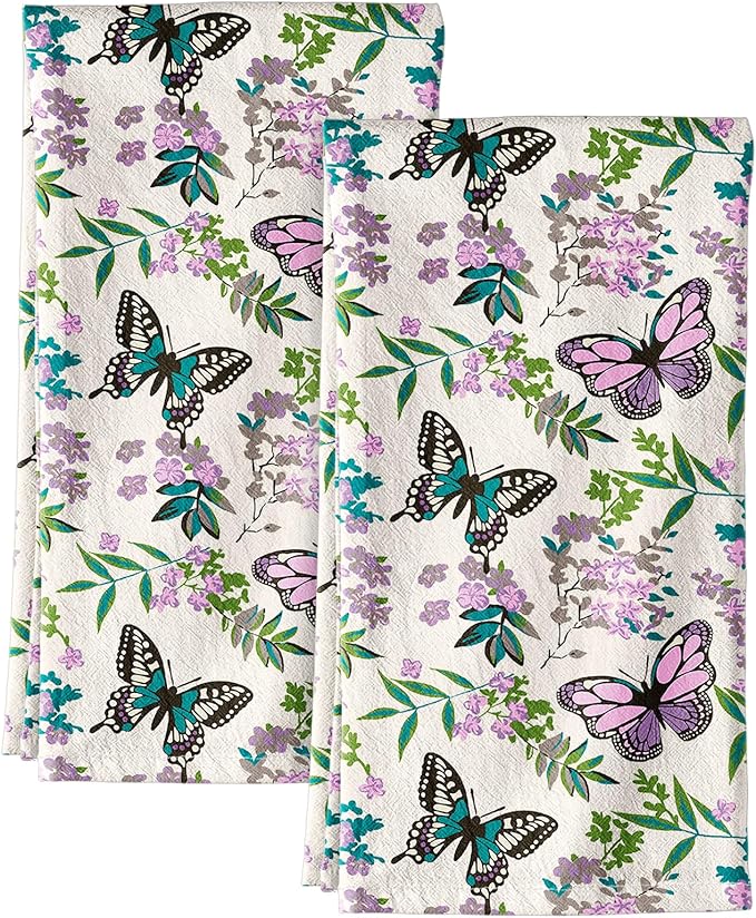 Miss Adola Flour Sack Kitchen Towels - Set of 2 Cotton Dish Towels with Hanging Loop Decorative 18x26 Inch Absorbent Cute Design for Housewarming Gifts, Purple Butterfly