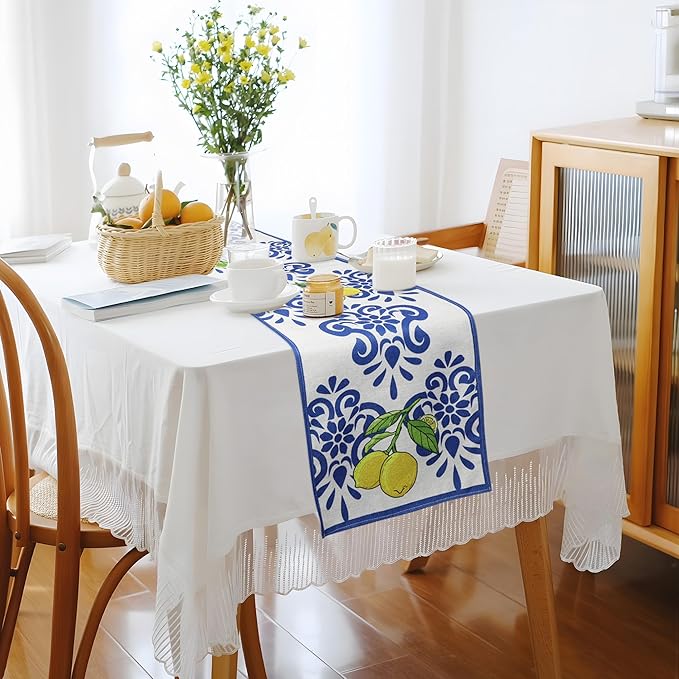 QINJIEJIE Lemon Table Runners Italy Kitchen Capri Dining Party Decorations for Home Summer Farmhouse Decor Yellow Table Runner 13x72 Inch