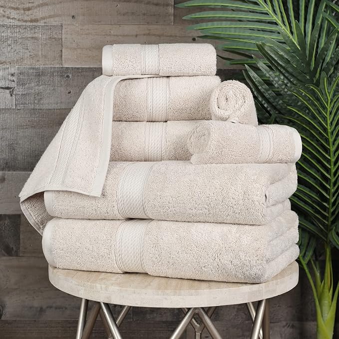 SUPERIOR Egyptian Cotton Pile 8 Piece Towel Set, Includes 2 Bath, 2 Hand, 4 Face Towels/Washcloths, Ultra Soft Luxury Towels, Thick Plush Essentials, Guest Bath, Spa, Hotel Bathroom, Stone