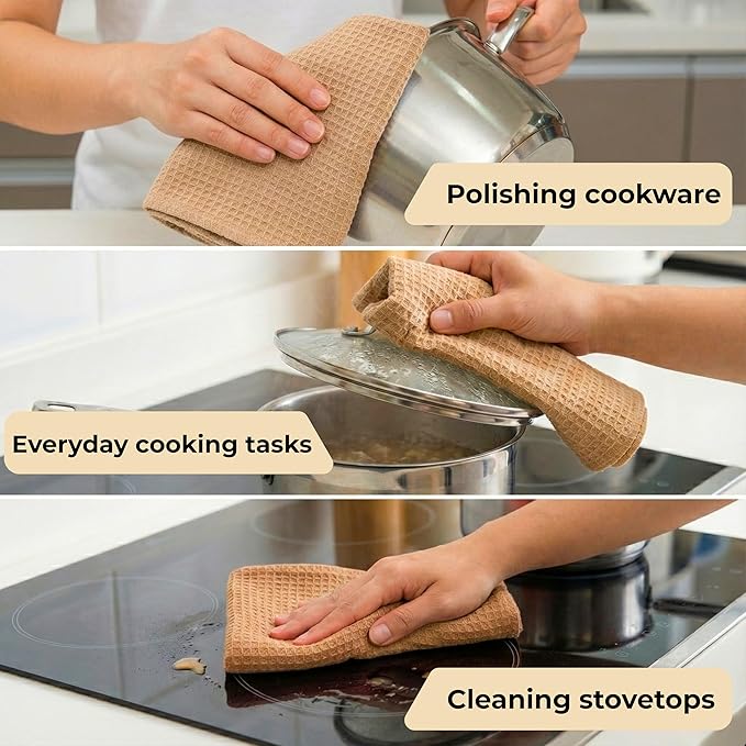 Highly Absorbent Cotton Dish Towels for Drying - Set of 6 Beige Kitchen Towels - 18"X28" Lint Free Waffle Weave Cloth Linen Hand Bathroom Bulk Dishtowels