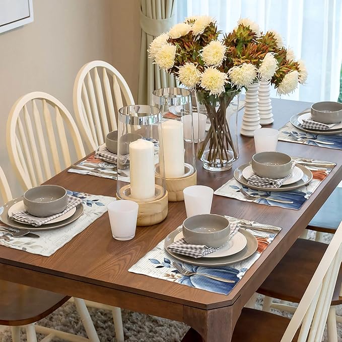 Fall Placemats Set of 4 Blue Orange Pumpkin Leaves Decor Place Mats 12x18 Inch Autumn Leaf Harvest Thanksgiving Decorative Linen Table Mats for Home Kitchen Dining Party Table Decoration