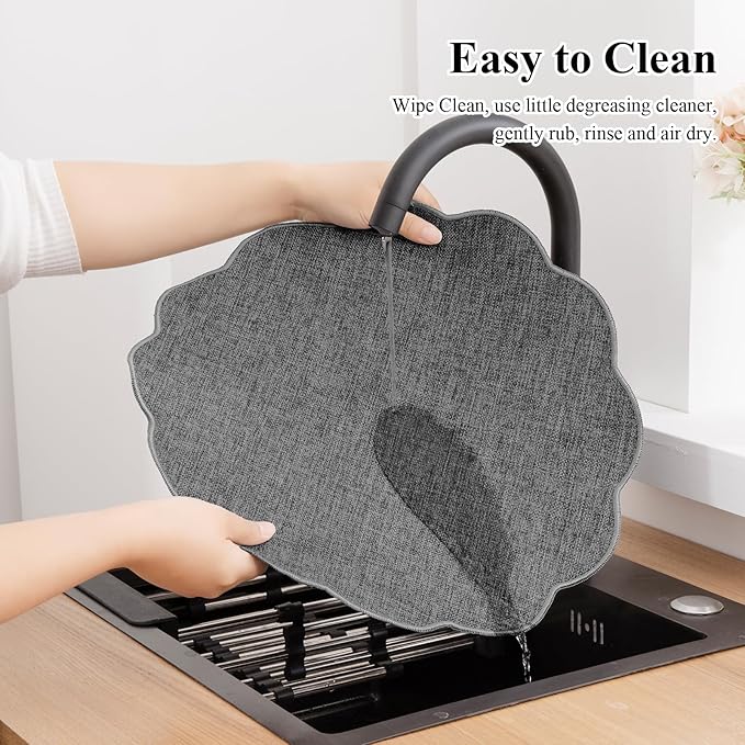 SHACOS Scalloped Round Placemats Set of 6 Polyester Linen Blend 15 inch Washable Non Slip Place Mats Easy Clean Heat Resistant Table Mats for Kitchen Dining Table Decor, Grey