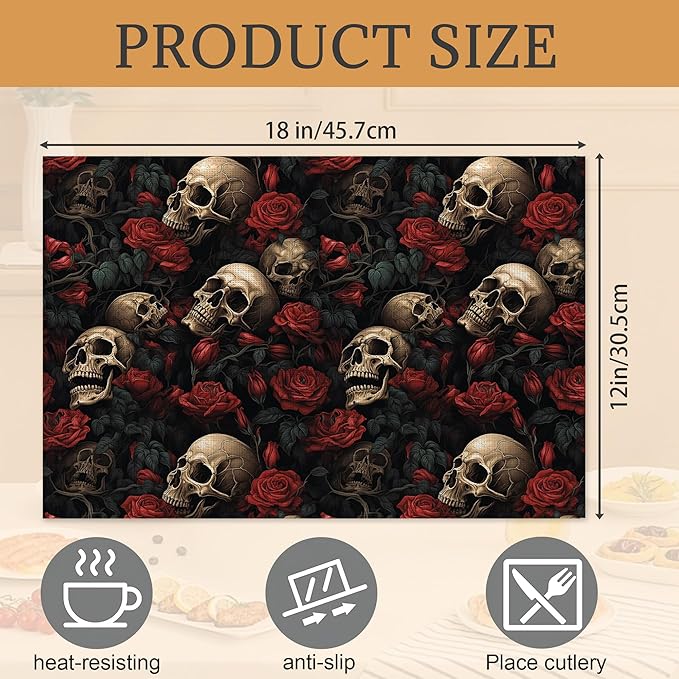 Skull Rose Placemats Set of 6,Washable Heat Resistant 12×18 Inch Linen Table Mats Floral Place Mats for Party Outdoor Dining Décor