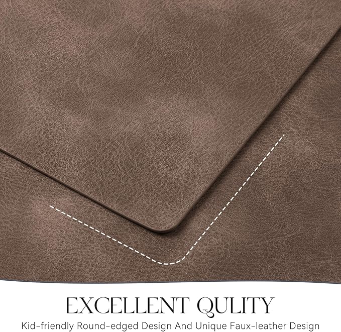 MOSAYT Vinyl Placemats Set of 6-12 X 17 Inch - Faux Leather 100% Waterproof Oil-Proof Wipeable PU Place Mats, Heat Resistant Reversible Table Mats for Kitchen, Dining, Outdoor (Brown)