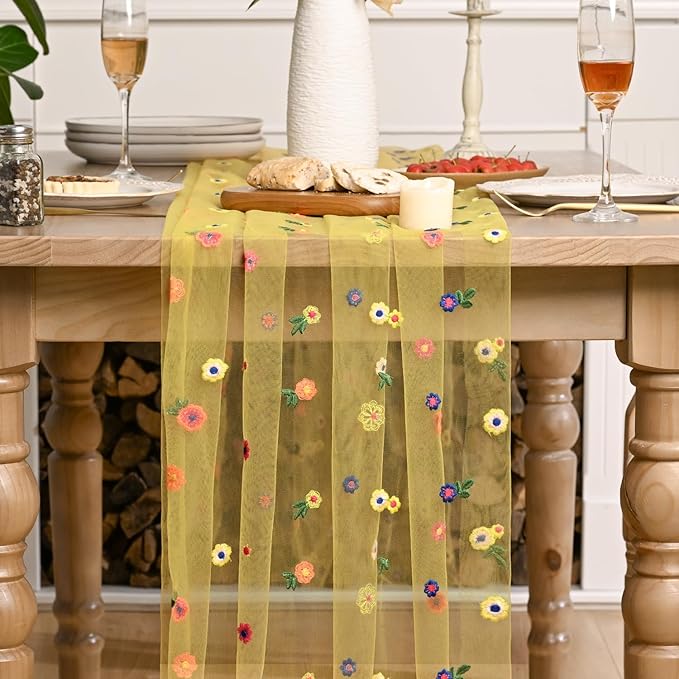 Artoid Mode Yellow Wildflower Floral Gauze Embroidery Table Runner 120 Inch 10FT, Tulle Seasonal Spring Kitchen Dining Table Decor for Home Party