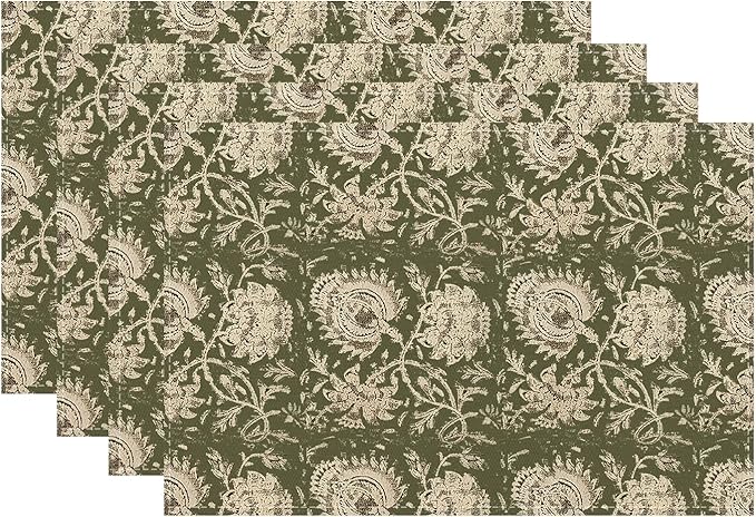 Boho Place mats Set of 4,12x18 Inches Sage Green Block Print Floral Decorative Spring Summer Flower Decor Placemats Rectangle Linen Table Mats for Party Home Kitchen Dining Table Decoration
