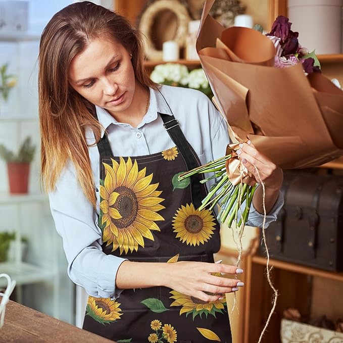 Britimes Apron Home Kitchen Cooking Baking Gardening for Women Men with Pockets Sunflowers Floral Flowers Leaf Vintage 32x28 inch
