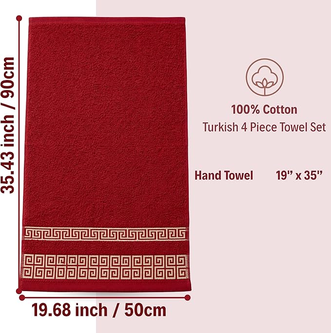 Luxury 4 Piece Hand Towel Set with Greek Key Design - 100% Cotton Soft & Absorbent Bathroom 19x35 in Large Towels - Quick Dry Burgundy Hand Towels for Spa, Hotel & Home Use BB3