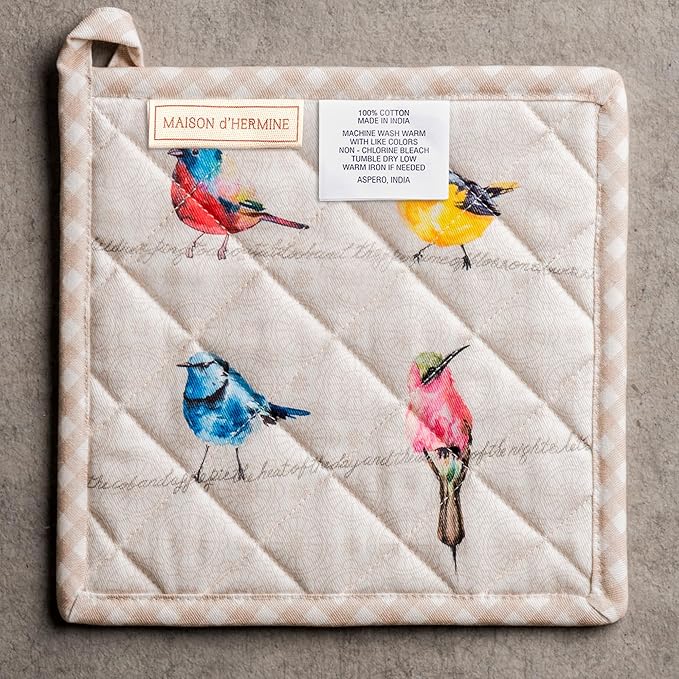 Maison d' Hermine Pot Holders 100% Cotton Heat Resistant Potholders 8" x 8" Hot Pads with Loop BBQ Cooking Baking Gifts for Mothers Day Handling Hot Pans Spring/Summer(Pack of 2, Birdies on Wire)