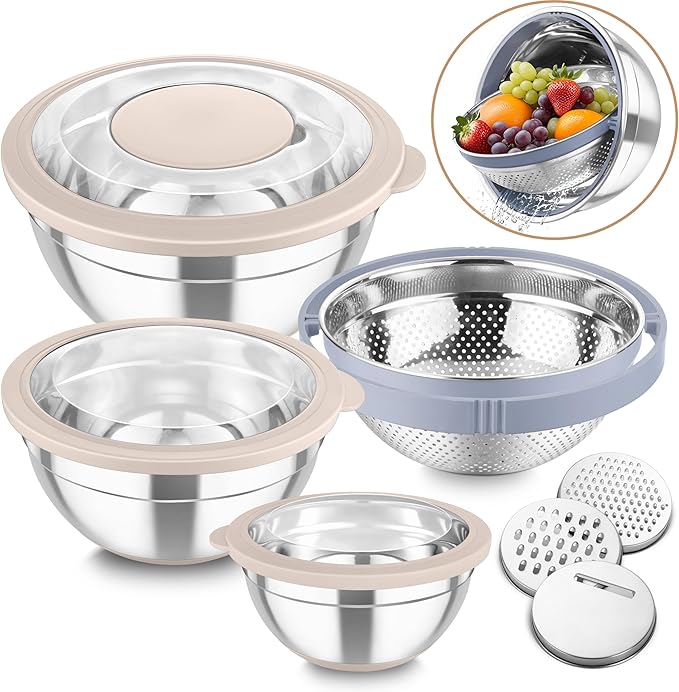 TeamFar Mixing Bowls with Colander Set, Stainless Steel Strainer and Nesting Salad Bowls, with Lids & 3 Graters, Non-Slip Bottom & Visible Lid, Rotatable & Dishwasher Safe, 4.6/3/1.5 QT, Khaki