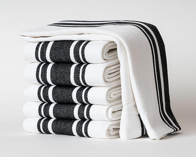 Kitchen Towels Set – Pack of 6 (20’’ x 30’’) Extra Large Premium Cotton Dish Towels for Kitchen – Super Striped Towels – Absorbent – 100% Cotton – with Hanging Loop – Black