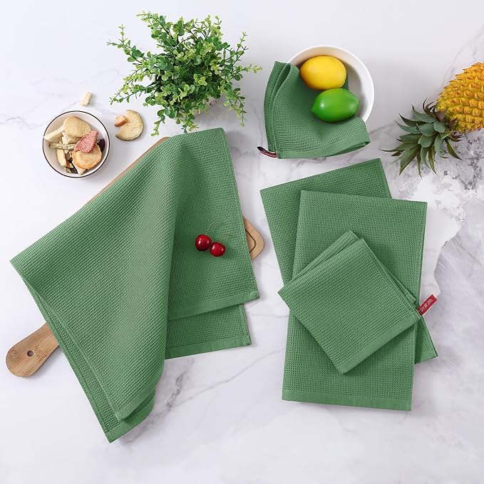 Homaxy 100% Cotton Waffle Weave Dish Cloths - 6 Pack Soft and Absorbent Dish Towels - 12 x 12 Inches Quick Dry Dish Rags - Grass Green