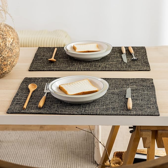 Kevin Textile Burlap Linen Placemats Set of 6 Heat Resistant Dining Table Place Mats Washable Kitchen Table Mats for Dinning Party Holiday Indoor Outdoor, 13 x19 inches, Black Gold