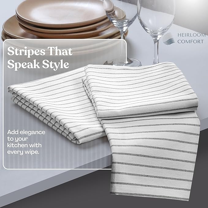 Ash Grey Striped Dish Towels 12 Pack, Ultra Absorbent, Classic Stripe Towel Set, Quick Dry Cotton Kitchen Towels for Cleaning Counters, Drying Dishes, Everyday Cleanup