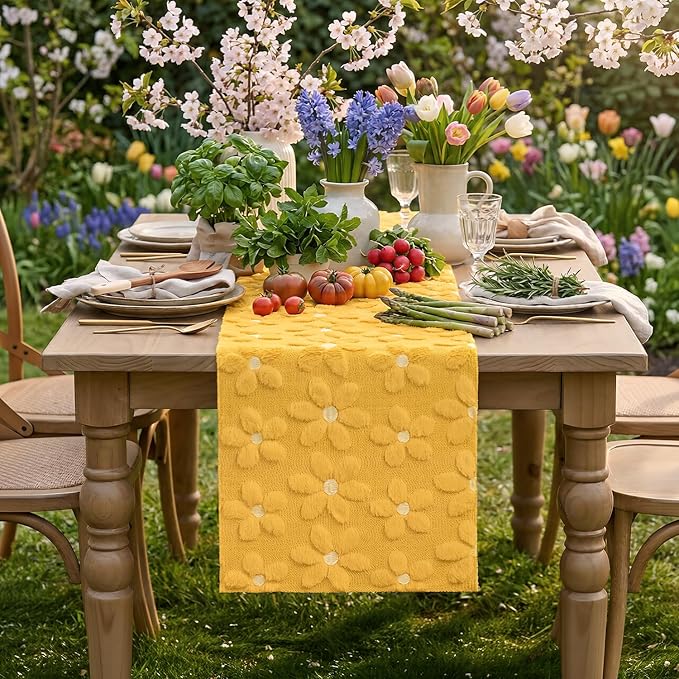 Artoid Mode Yellow Soft Plush Faux Fur Jacquard Embroidery Daisy Spring Table Runner, Kitchen Dining Table Decoration for Home Party Decor 13x36 Inch