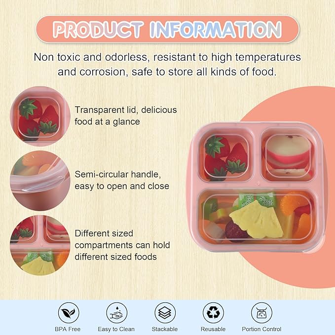 Honeydak 5 Pack Snack Containers 3 Compartment Bento Snack Boxes Divided Meal Prep Containers with Lids Reusable Adults Lunch Food Storage Box for School Work Travel(Morandi Color)