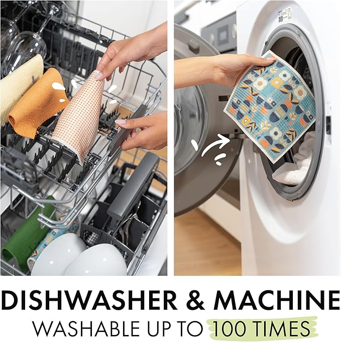 SUPERSCANDI 5 Pack Swedish Dishcloths for Kitchen - 100% Biodegradable & Compostable | Reusable Paper Towels Washable, Food-Safe & Without Plastic - Dish Rags Suitable for Any Surface | Leaves Colors