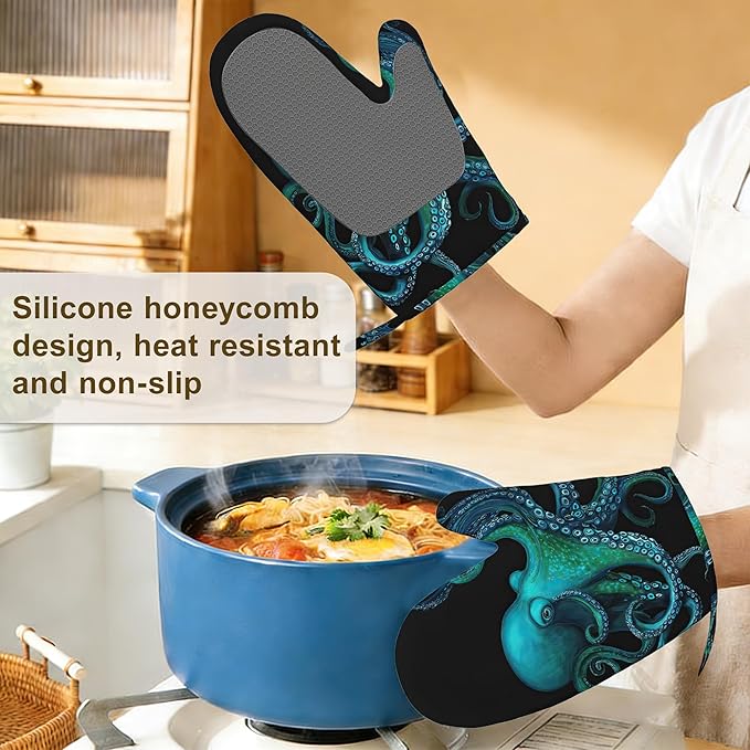 Oven Mitts and Pot Holders Green Octopus Silicone Kitchen Accessories Set of 4 Heat Resistant Gloves Potholder Non-Slip Grip for Chef Cooking Baking Grilling BBQ