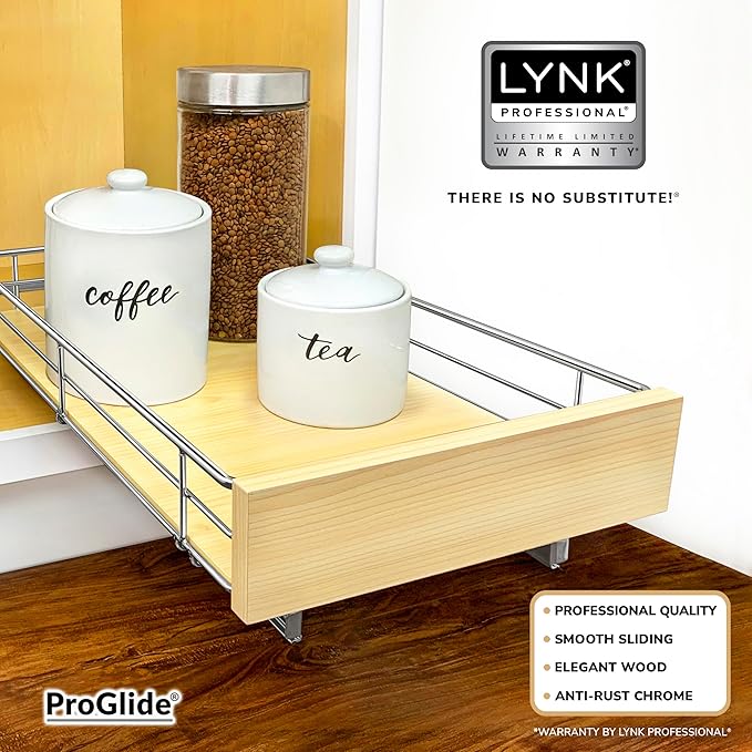 LYNK PROFESSIONAL® SELECT™ Pull Out Cabinet Organizer, 11" x 21" Slide Out Drawers for Kitchen Cabinets - Sliding Pull-Out Pantry Shelves – Home Shelf Organizers - Lifetime Ltd. Warranty, Wood Chrome