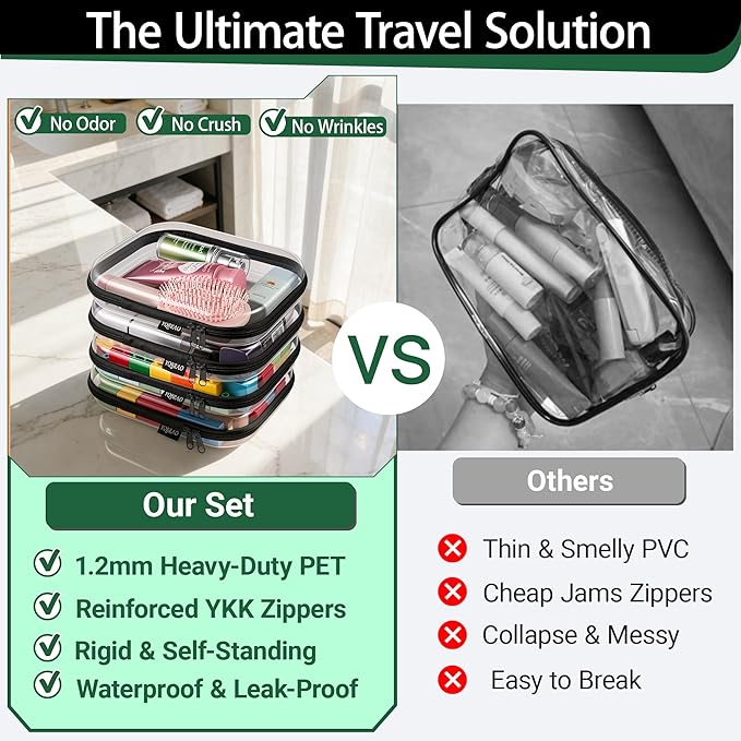 YQBRAO Hard Sided Clear Zipper Case for Storage- Professional-Grade Plastic Clear Zipper Pencil Case,Toy Storage Bins, Toiletry Bags, Travel Organizer（Black,2 Pack, M）