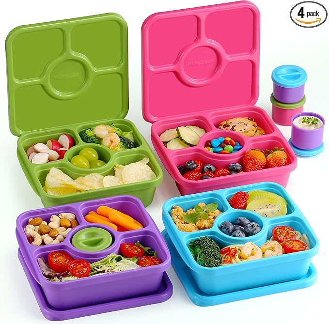 QQKO Bento Snack Box Containers for Adults Kids, Meal Prep Containers Reusuable Bento Lunch Box, Lunchable Food Storage Containers with Lids and Sauce Cups, Retro Blue