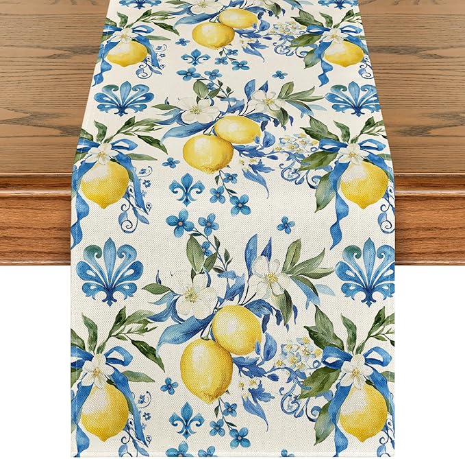 Artoid Mode Blue Lemon Iris Summer Table Runner, Seasonal Spring Kitchen Dining Table Decoration for Home Party Decor 13x60 Inch
