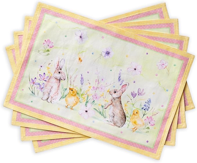 Maison d' Hermine Placemats Set of 4 100% Cotton Washable Cloth Place Mats Reusable Table Mats for Kitchen Dining Party Wedding Gifts for Mothers Day Spring/Summer (Easter Zest, 13" x 19")