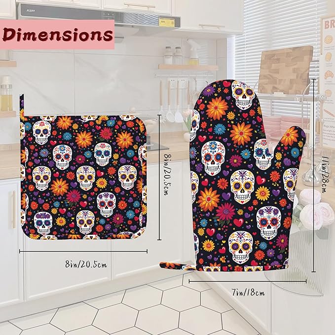 Mexican Skull Heat-Resistant Silicone Oven Mitts and Pot Holders 4 Piece Set,Sugar Skull Day of The Dead Extra Long Non-Slip Kitchen Oven Gloves for Cooking, Baking, BBQ,Grilling