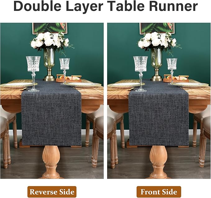 Farmhouse Rustic Faux Linen Table Runner Neutral Charcoal Table Runners Double Layer Reversible Rectangle Runners for Daily Use Kitchen Dining Banquet Holiday 13x72 Inch