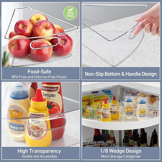 Leeden Lazy Susan Organizer for 26" Diameter Corner Lazy Susan, Plastic Kitchen Cabinet Storage Bins with Handle, 4 Packs, 1/8 Wedge - Food Safe, BPA Free