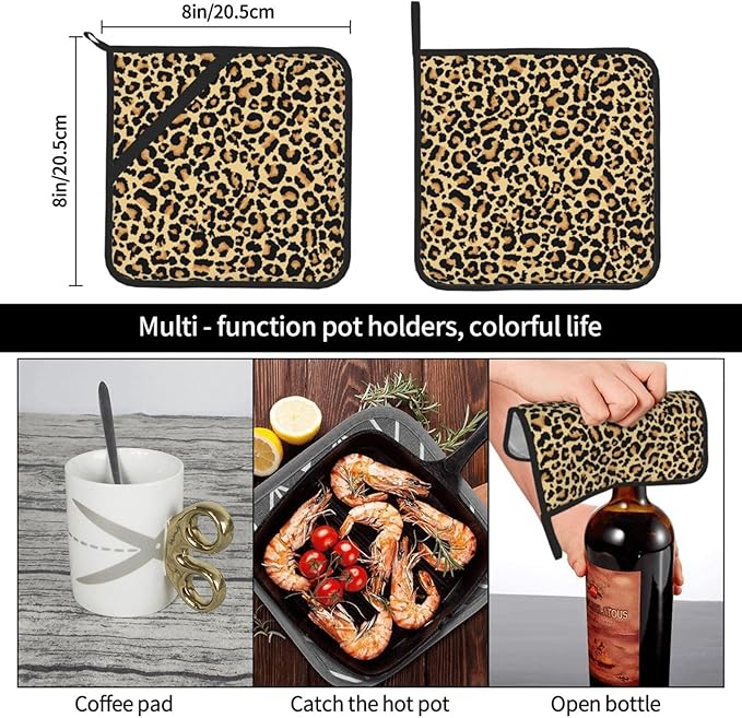Pot Holders 2PCS Brown Leopard Print, Animal Skin Potholder for Kitchen Heat Resistant Microwave Cooking Baking Oven End Dishes and BBQ