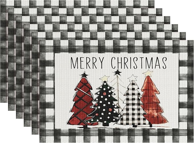 Aofmee Christmas Placemats Set of 6, Washable Christmas Place Mats for Kitchen Dining Table, Indoor/Outdoor Woven Vinyl Christmas Table Mats, Non-Slip Heat Resistant Holiday Placemats Easy to Clean