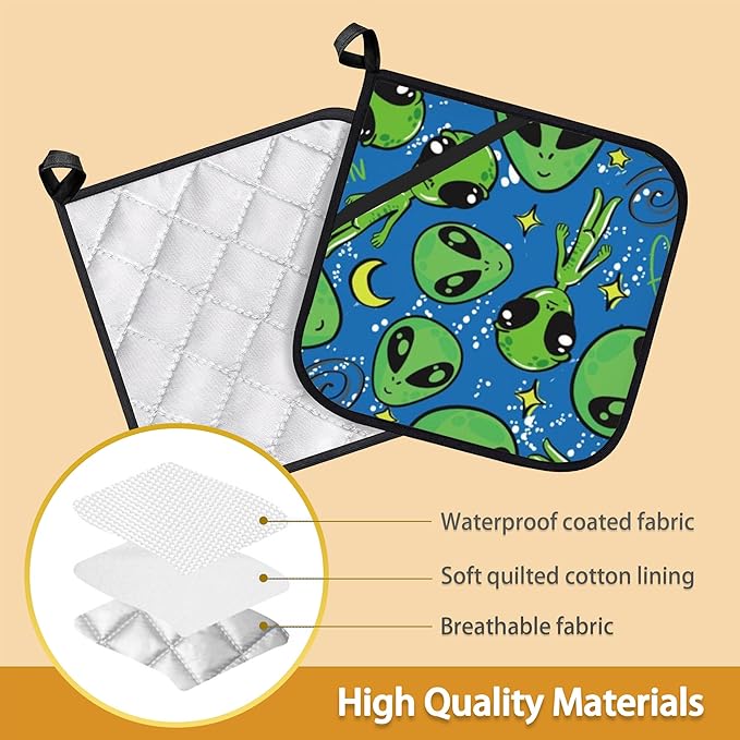Green Alien Pot Holder Set of 2,Heat Resistant Potholders Oven Hot Pads for Kitchen Cooking Baking BBQ