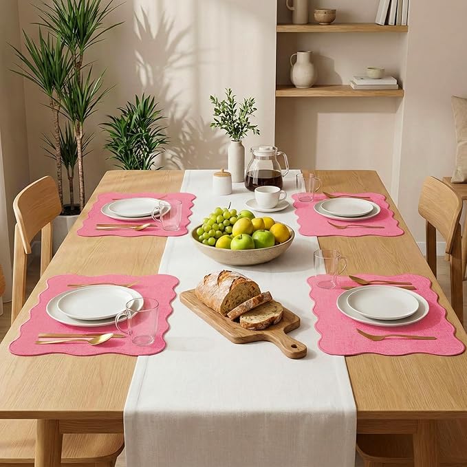 AHHFSMEI Faux Linen Placemats Set of 6 Heat Resistant Non-Slip Stain Proof Table Mats for Kitchen Dining Elegant Decor Place Mats (Pink)