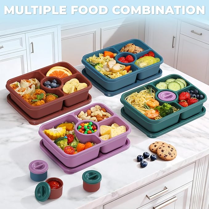 Bento Snack Box Containers, Reusable Meal Prep Lunch Containers for Adults Kids, Stackable Bento Snack Box 4 Pack, Divided Lunchable Food Storage Containers with Sauce Container, Dark Purple