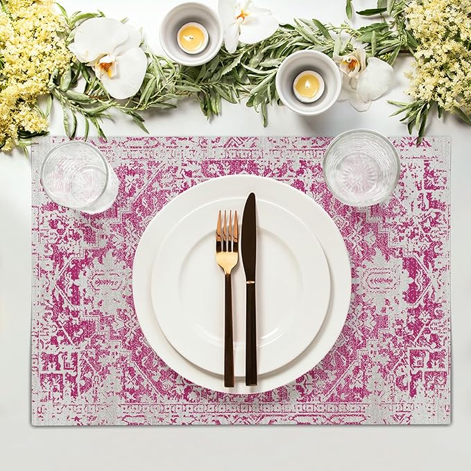Gray Hot Pink Boho Placemats Set of 6 Ethnic Bohemian Carpet Place Mats Washable Kitchen Dining Vintage Grey Geography Floral Linen Table Mats Stain Heat-Resistant for Home Party Indoor 12x18 in